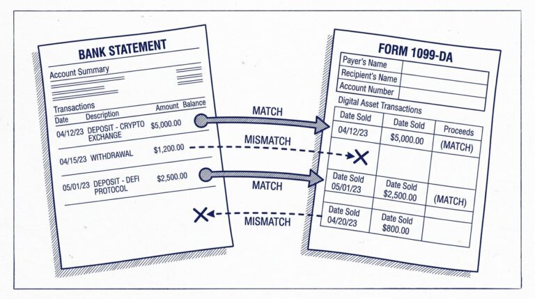 Pen drawing illustrating 1099-da-bank-statement-reconciliation concept