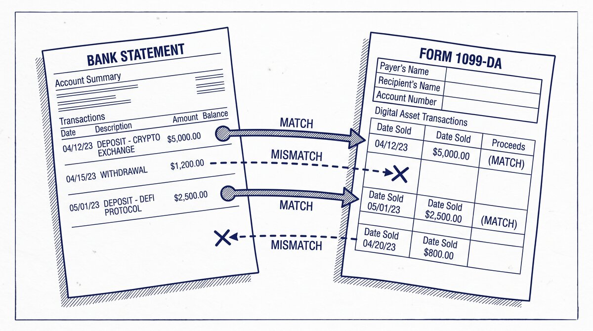 Pen drawing illustrating 1099-da-bank-statement-reconciliation concept