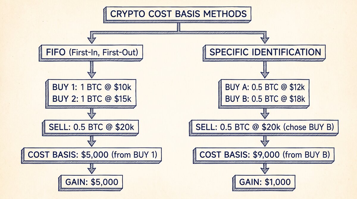 Pen drawing illustrating 1099-da-cost-basis-methods concept