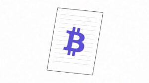 A flat-line illustration of a 1099-DA form with a Bitcoin symbol in purple