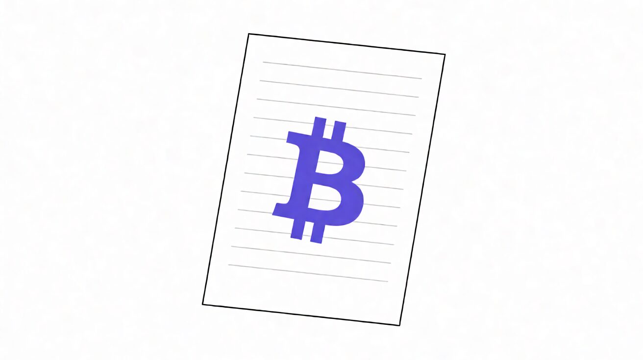 A flat-line illustration of a 1099-DA form with a Bitcoin symbol in purple