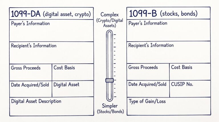 Pen drawing illustrating 1099-da-vs-1099-b-difference concept