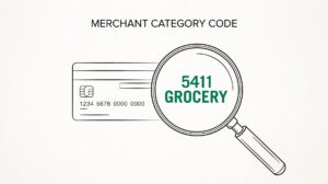 Credit card magnifier revealing 5411 GROCERY merchant category code