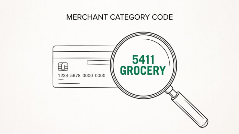 Credit card magnifier revealing 5411 GROCERY merchant category code