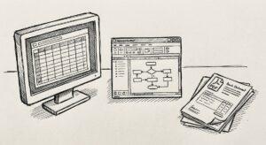 Pen drawing of a single open bank statement on the left and a clean Excel grid on the right, with a small free tag attached