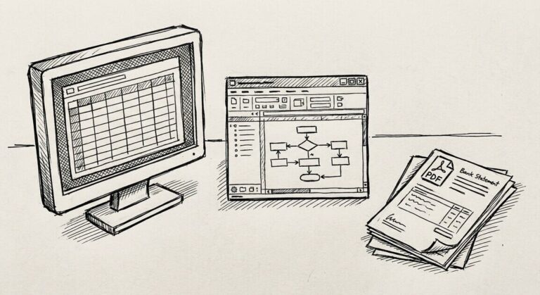 Pen drawing of a single open bank statement on the left and a clean Excel grid on the right, with a small free tag attached