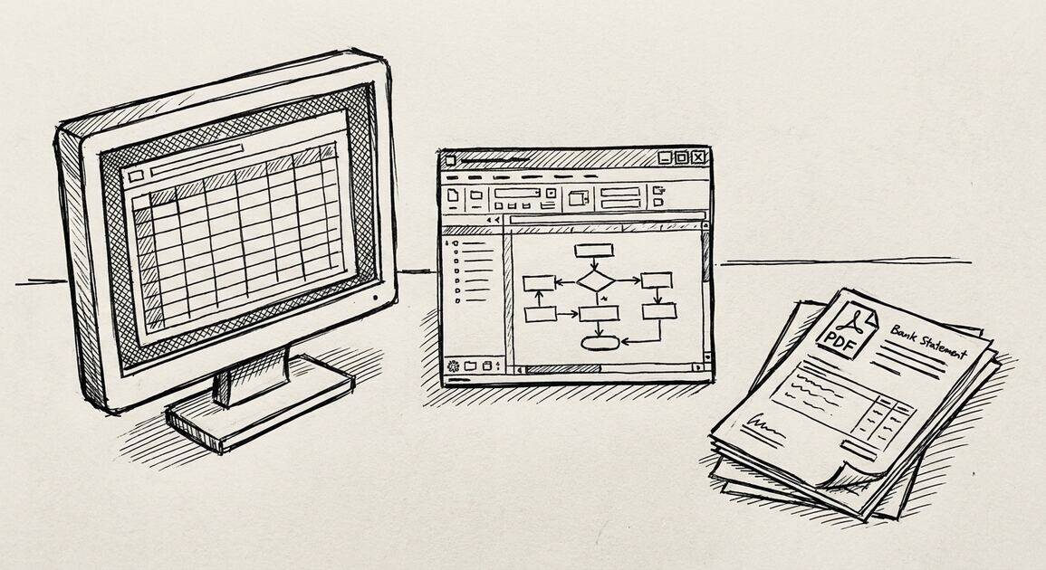 Pen drawing of a single open bank statement on the left and a clean Excel grid on the right, with a small free tag attached