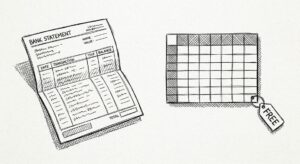 Pen drawing of a desktop monitor showing a spreadsheet next to a stack of PDF bank statements with a software window in between