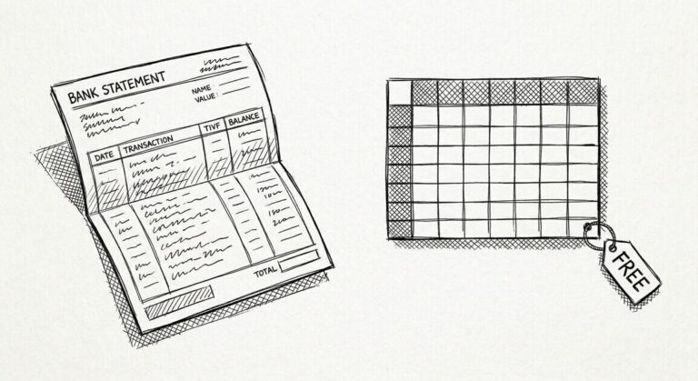Pen drawing of a desktop monitor showing a spreadsheet next to a stack of PDF bank statements with a software window in between