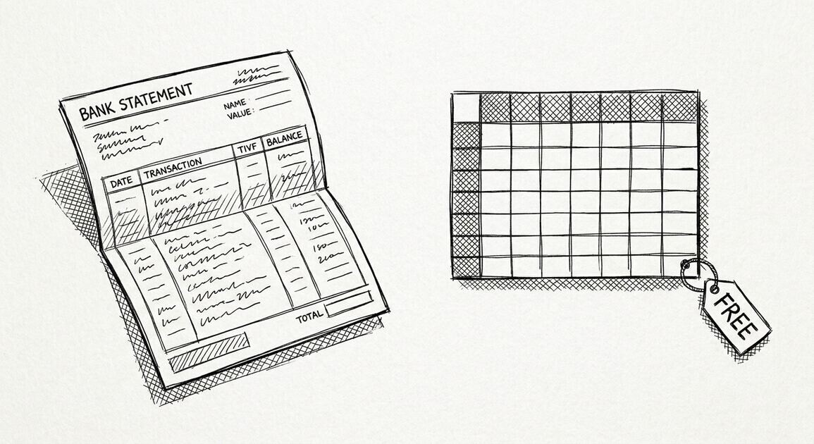 Pen drawing of a desktop monitor showing a spreadsheet next to a stack of PDF bank statements with a software window in between