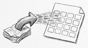 Pen drawing of a download arrow pulling rows of transactions from a bank statement into a spreadsheet grid