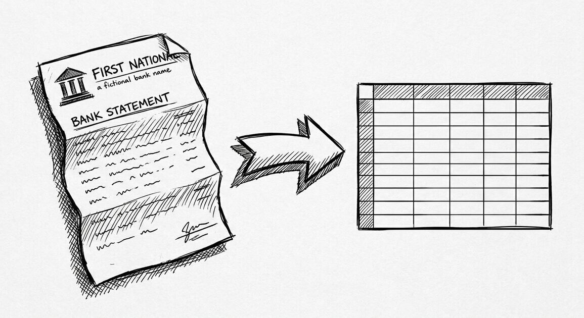 Export Chase Bank Statement to Excel: The Full Guide Pen drawing of a US bank statement with an arrow pointing right toward a clean Excel spreadsheet grid