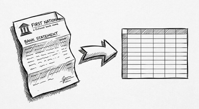 Pen drawing of a US bank statement with an arrow pointing right toward a clean Excel spreadsheet grid
