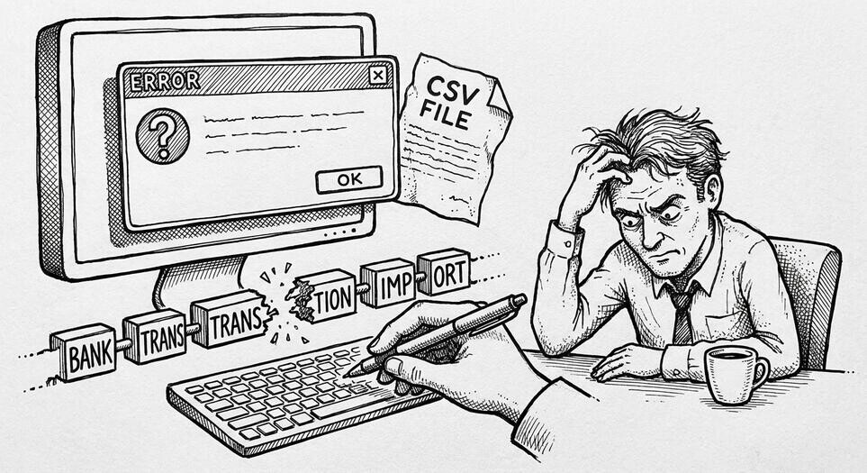 Pen drawing of an error dialog box with question mark and CSV file, showing the troubleshooting moment for a failed bank transaction import