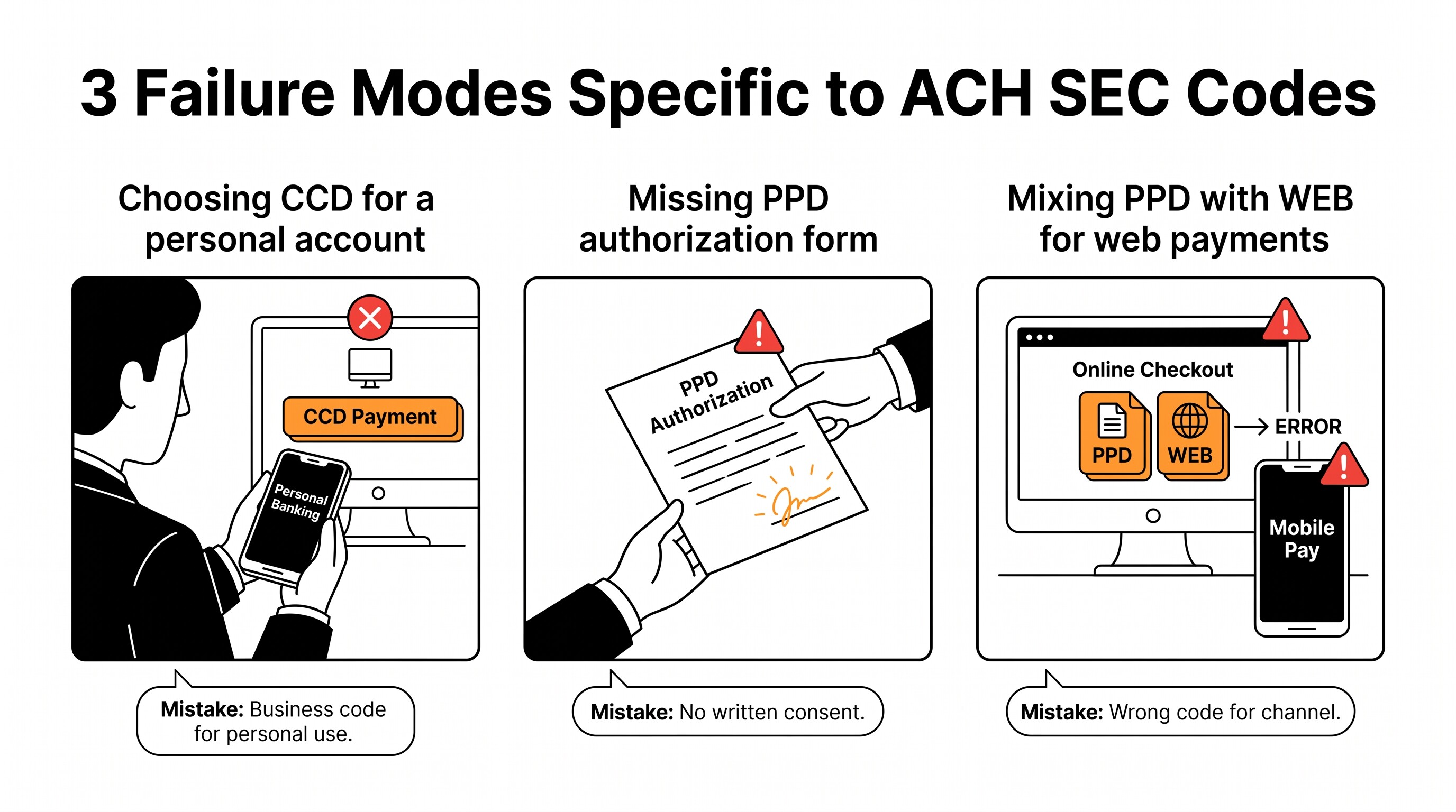 ACH CCD vs PPD: Choosing the Right SEC Code for Your Payment Three failure modes specific to ACH SEC code selection