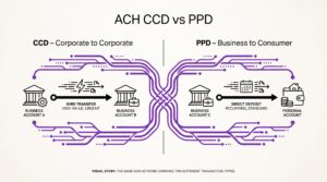 Two bank statement rows side by side comparing CCD corporate transfer and PPD direct deposit