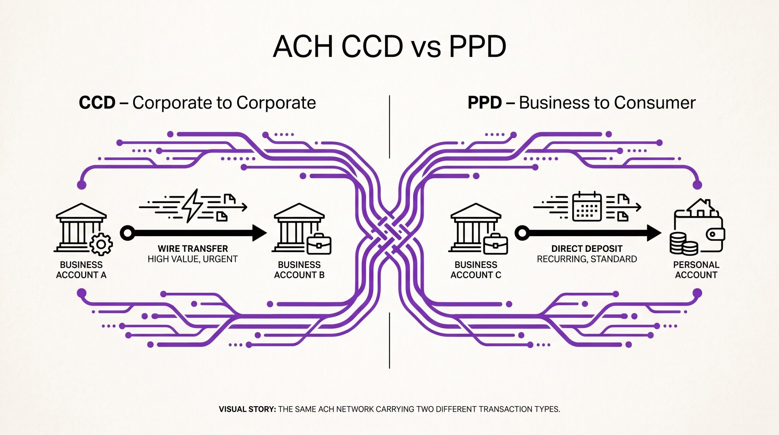 ACH CCD vs PPD: Choosing the Right SEC Code for Your Payment Two bank statement rows side by side comparing CCD corporate transfer and PPD direct deposit