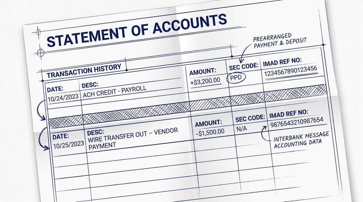 Pen drawing illustrating ach-vs-wire-on-bank-statement concept