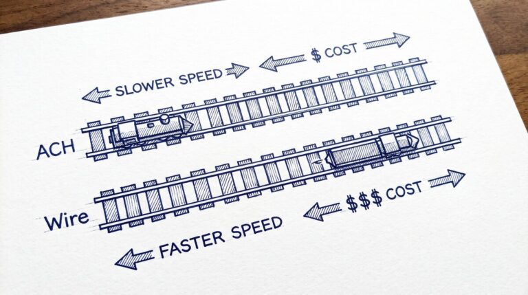 Pen drawing illustrating ach-vs-wire-transfer concept