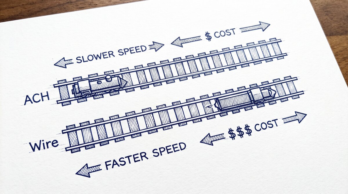 Pen drawing illustrating ach-vs-wire-transfer concept