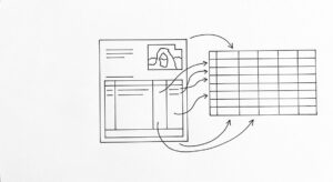 Pen drawing of a single America First Credit Union statement with a simple stylized arch/mountain silhouette in the corner, arrows flowing to a clean spreadsheet grid