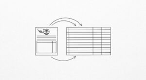 Pen drawing of a single Alliant Credit Union statement with a simple stylized wing or globe shape in the corner, arrows flowing to a clean spreadsheet grid