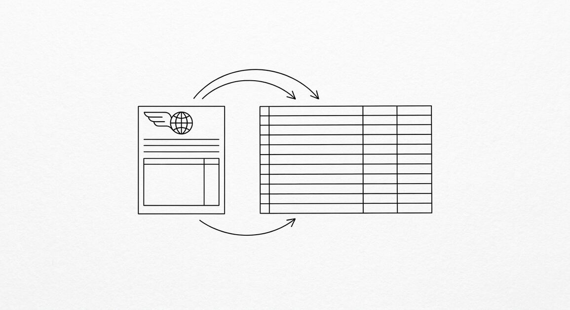 How to Convert an Alliant Credit Union Statement to Excel Pen drawing of a single Alliant Credit Union statement with a simple stylized wing or globe shape in the corner, arrows flowing to a clean spreadsheet grid