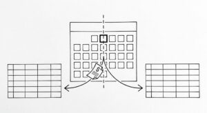 Pen drawing of a calendar with one month highlighted, a vertical dashed line splitting the month, a bank statement icon falling through the split, arrows leading to two clean spreadsheet grids