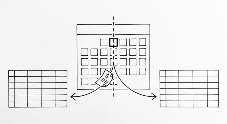 Pen drawing of a calendar with one month highlighted, a vertical dashed line splitting the month, a bank statement icon falling through the split, arrows leading to two clean spreadsheet grids
