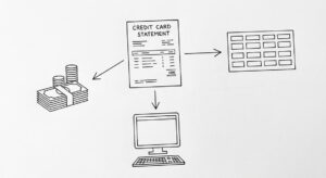 Pen drawing of a single American Express credit card statement with three arrows leaving: one to a clean spreadsheet grid, another to a small computer window