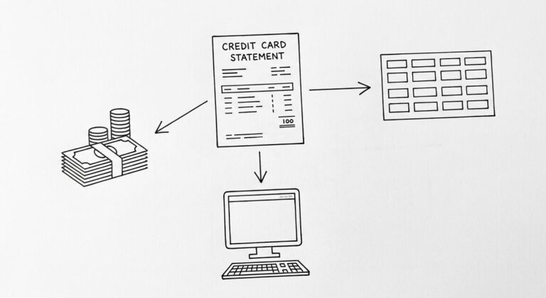 How to Export an American Express Statement to Excel Pen drawing of a single American Express credit card statement with three arrows leaving: one to a clean spreadsheet grid, another to a small computer window