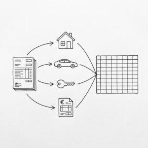 Pen drawing of a stack of bank statements with four arrows leading to four simple icons (a house, a car, a key, a tax form), all converging on a single clean spreadsheet grid