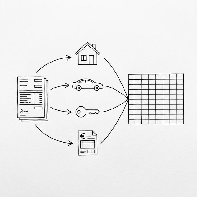 Pen drawing of a stack of bank statements with four arrows leading to four simple icons (a house, a car, a key, a tax form), all converging on a single clean spreadsheet grid