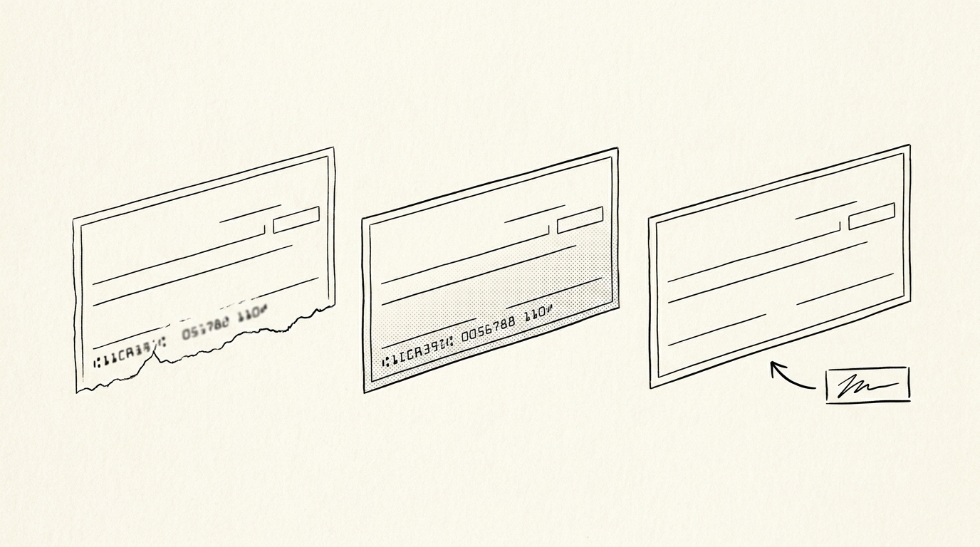 MICR Line Edge Cases: Damaged, Non-Magnetic Ink, Manual Entry Pen drawing illustrating bank statement concept