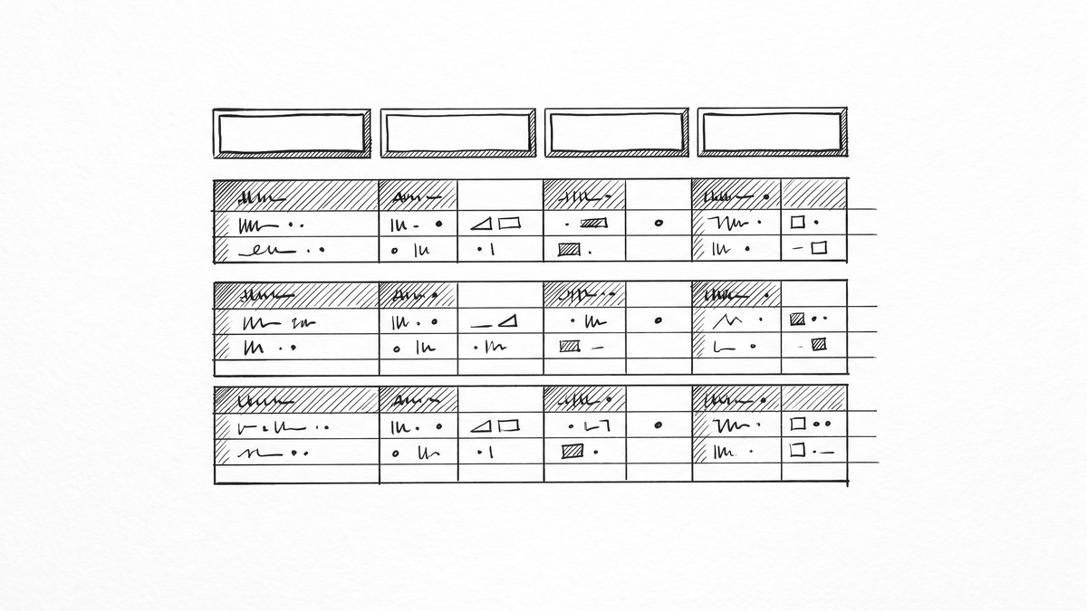 Pen drawing of an Excel grid showing four columns (date, description, amount, balance) with a header row and three rows of example data.