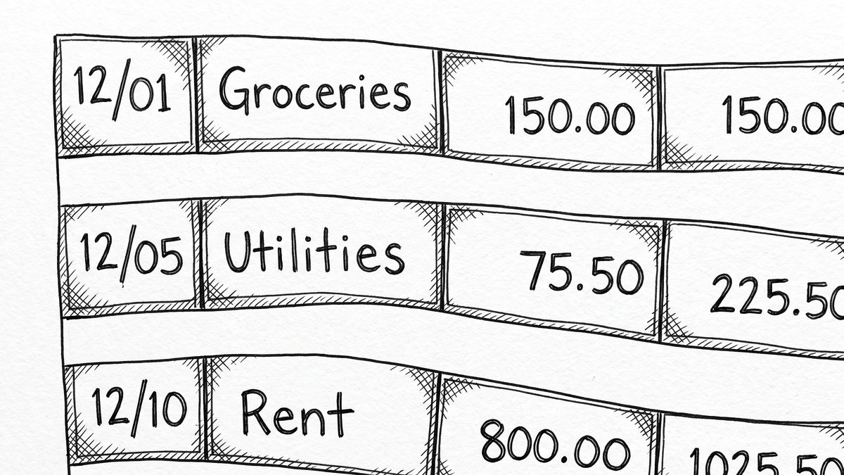 Pen drawing of three example rows from a converted bank statement Excel file, showing date, description, amount, and balance.