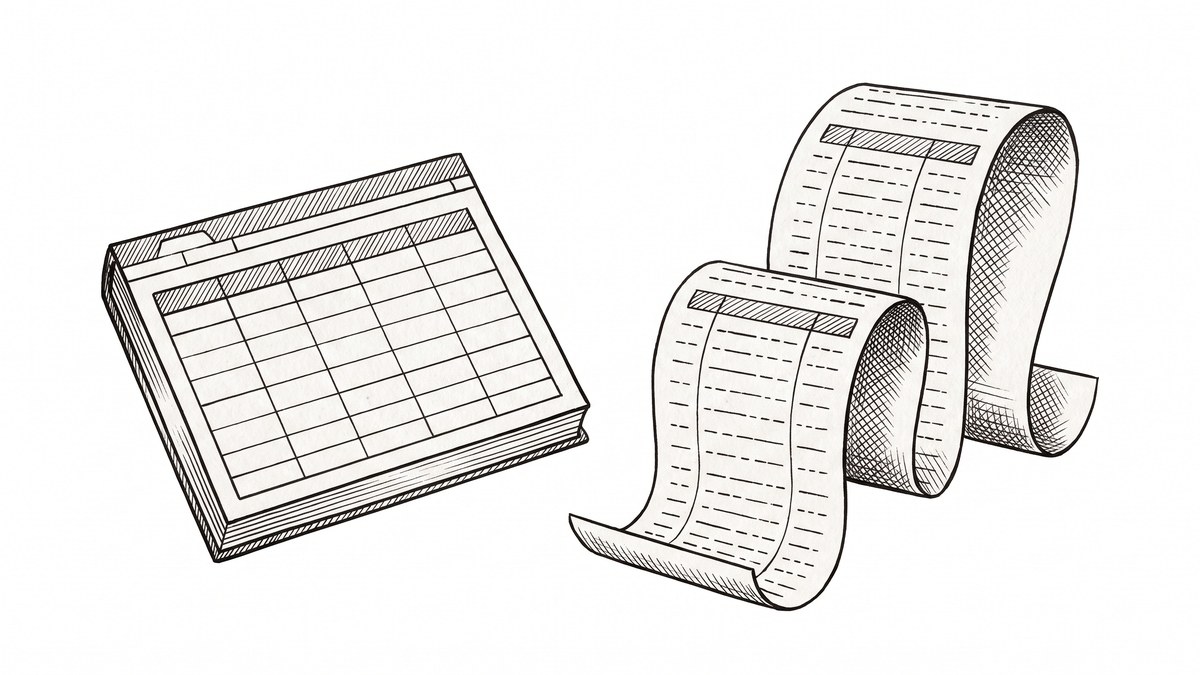 Pen drawing comparing an Excel workbook (left) with a CSV file (right), showing the same transaction data in two different formats.