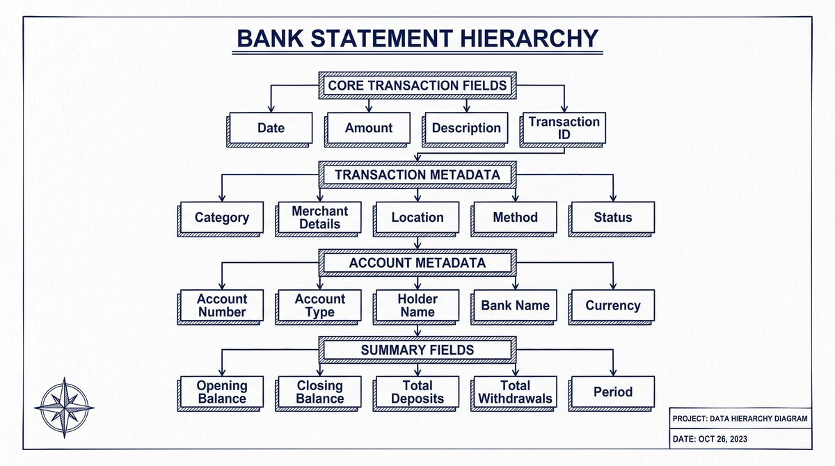 Pen drawing illustrating bank-statement-fields-explained concept