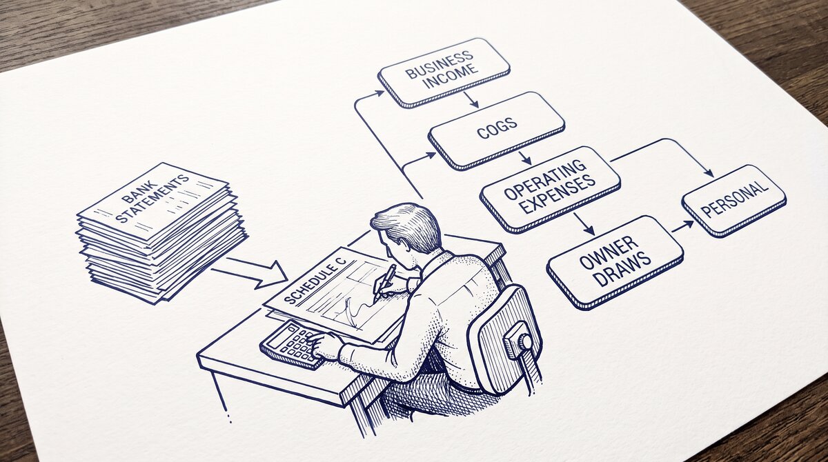 Pen drawing illustrating bank-statement-for-tax-preparers concept