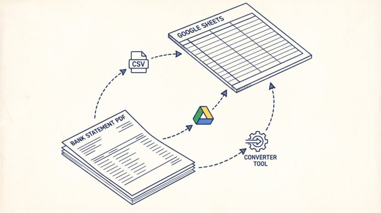 Pen drawing illustrating bank-statement-to-google-sheets concept