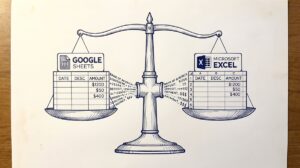 Pen drawing illustrating bank-statement-to-google-sheets-vs-excel concept
