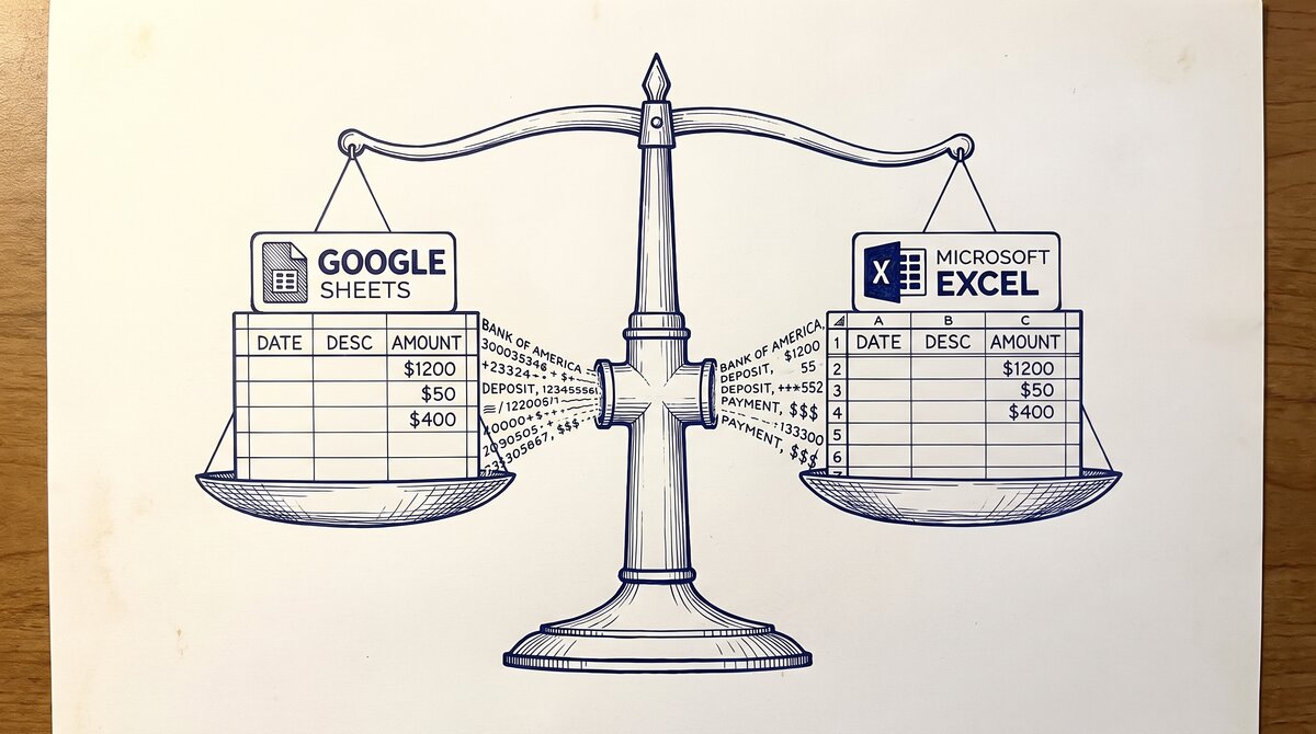 Google Sheets vs Excel for Bank Statements: The Format Decision Pen drawing illustrating bank-statement-to-google-sheets-vs-excel concept