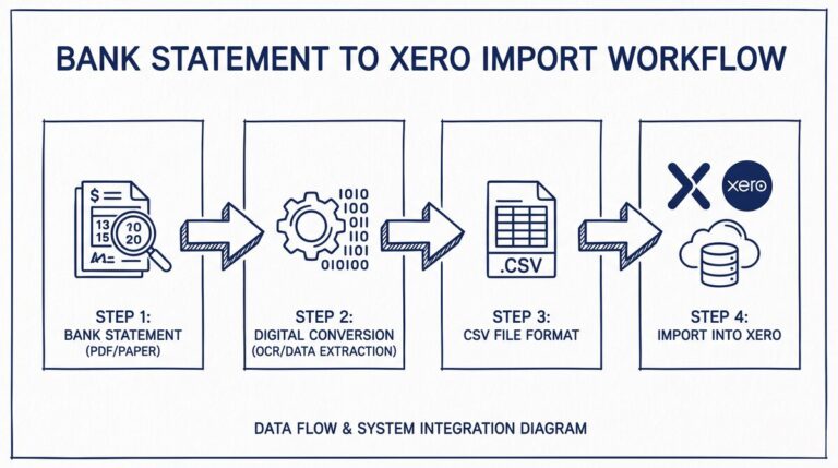 Pen drawing illustrating bank-statement-to-xero concept