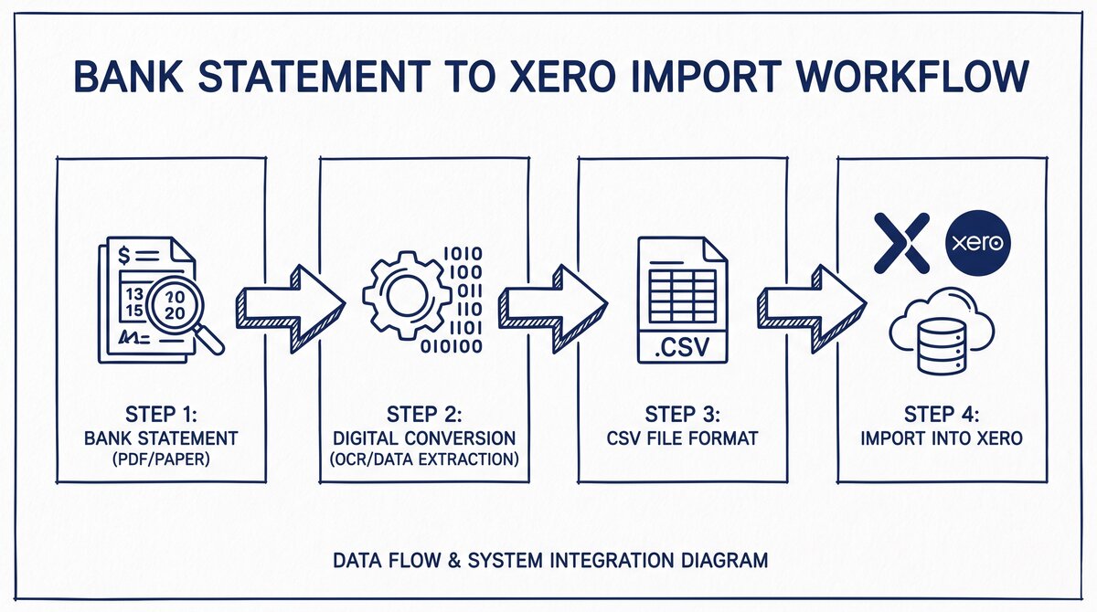 Pen drawing illustrating bank-statement-to-xero concept