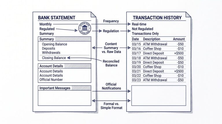 Pen drawing illustrating bank-statement-vs-transaction-history concept