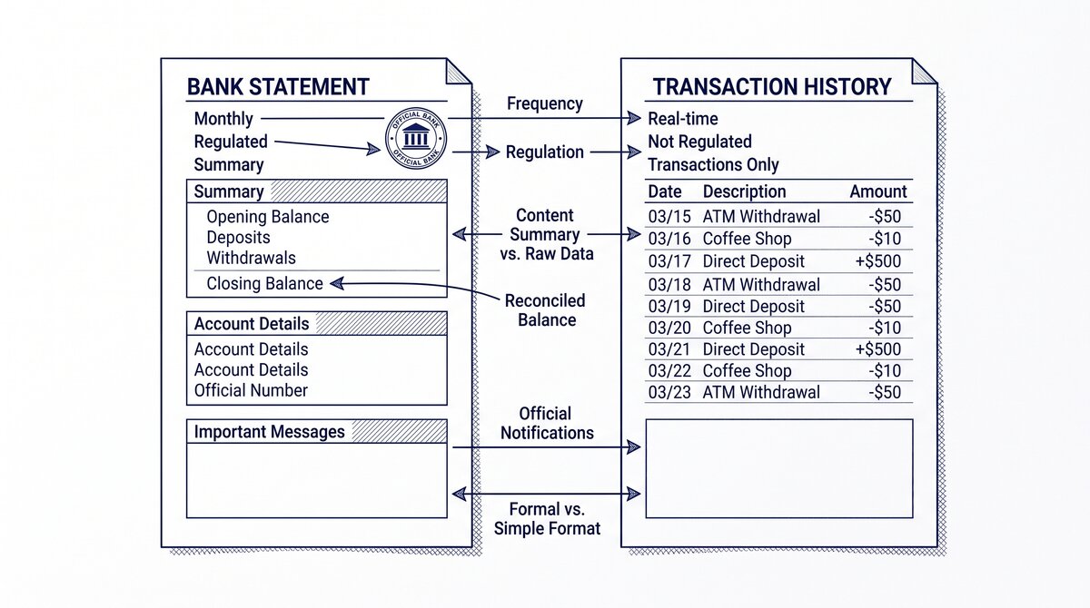 Pen drawing illustrating bank-statement-vs-transaction-history concept