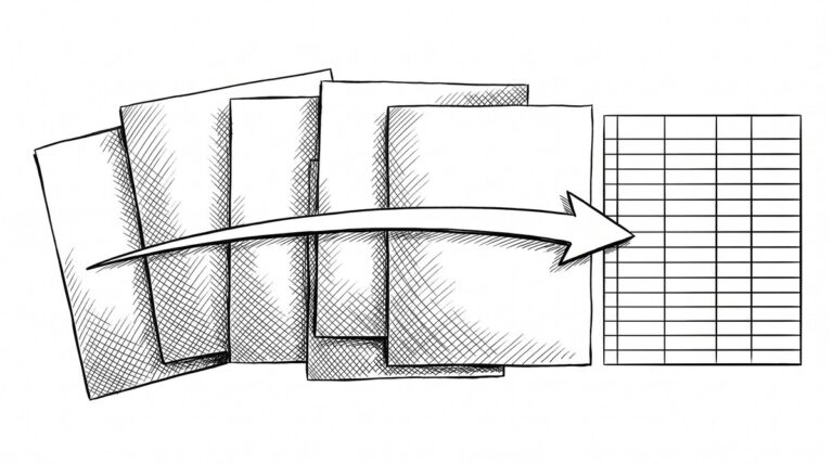 Pen drawing of a stack of bank statements with an arrow sweeping across to a clean batch output grid