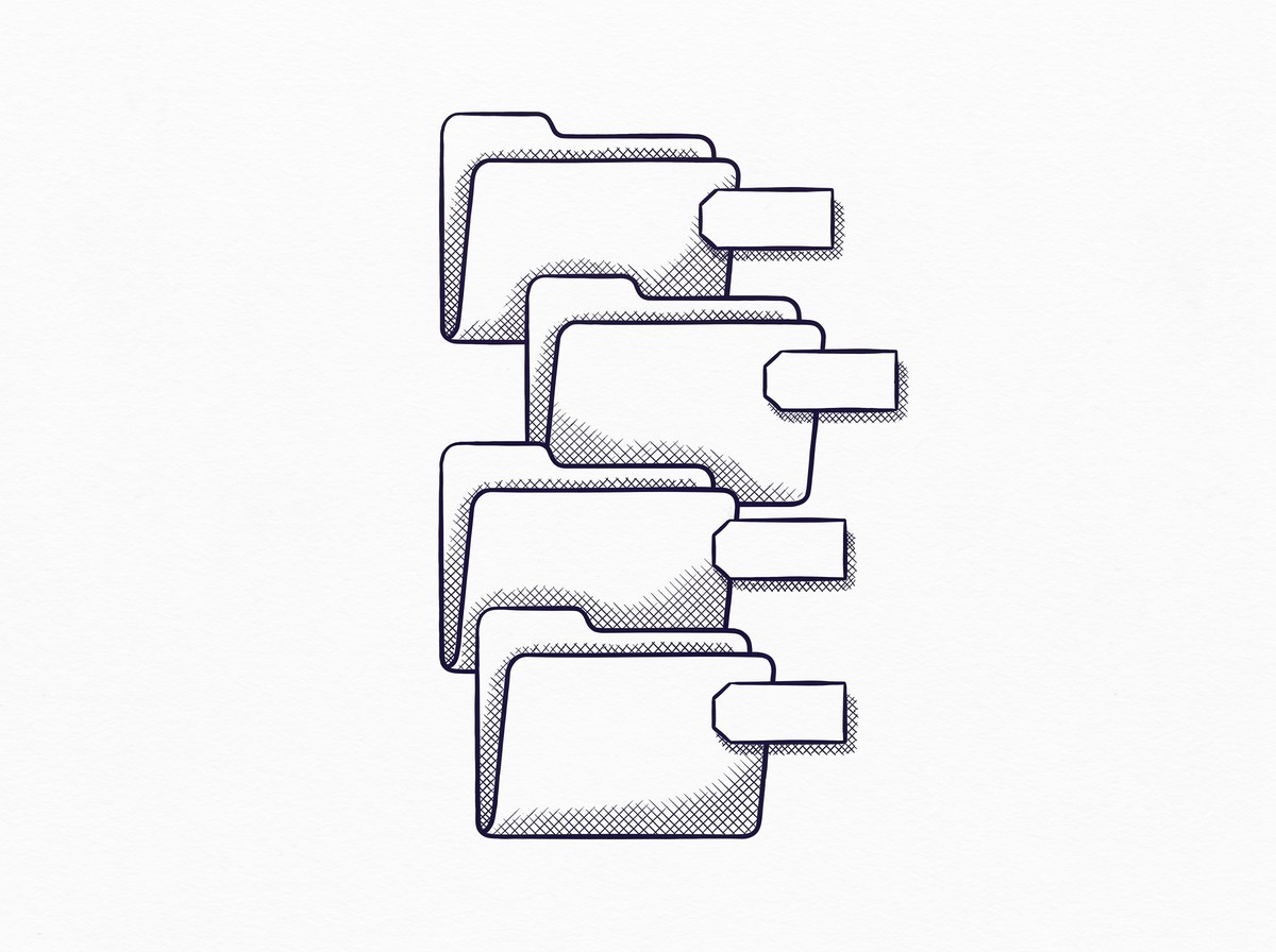 Pen drawing of four file folders stacked vertically with blank label tags on the side, showing organized naming convention