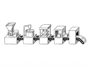 Pen drawing of a five-stage horizontal conveyor belt showing the batch workflow steps