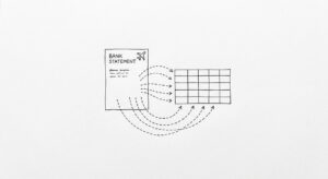 Pen drawing of a single BECU statement with a simple airplane silhouette in the corner, arrows flowing to a clean spreadsheet grid
